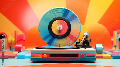 Colorful image of retro vinyl record player isolated over colorful background vintage things in modern life  surreal collage  illusion