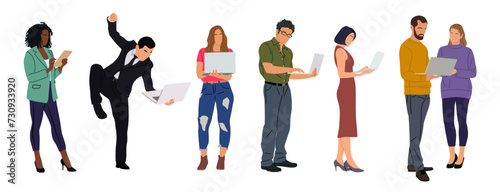 Business people working at laptop. Different men and women wearing smart casual, formal office outfits standing, looking at computer. Vector realistic illustration on transparent background.