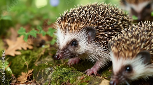 Capture the charm of miniature hedgehogs in a carefully staged woodland setting, emphasizing the intricate details of their adorable spines