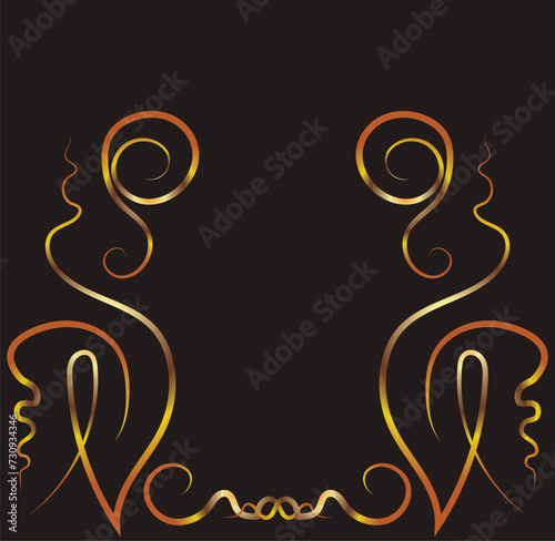 Symmetrical design with swirls. Ornament, applique, background with space for an inscription. Gold gradient on a black background for printing on fabric, applique and cards.