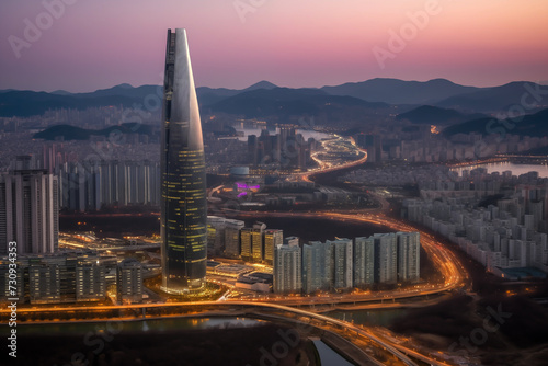 Skyline of Seoul, South Korea, aerial view. Commercial and residential buildings seen from the rooftop of Lotte Corp. World Tower at sunset in Seoul South Korea. Lotte World Tower, Seoul's green tower photo