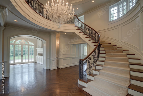Spacious Foyer With Chandelier and Staircase
