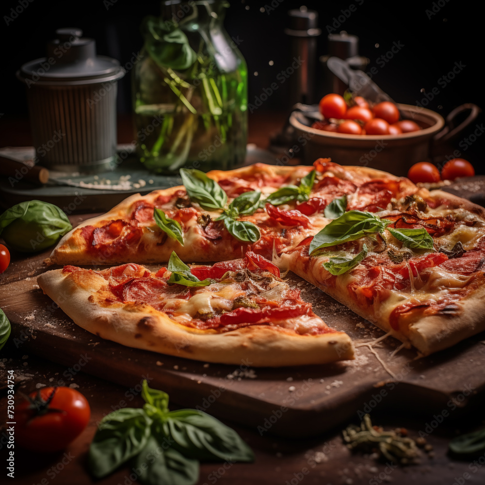 Pizza restaurant food, black background, realistic photo