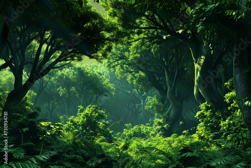 Serene Oasis, A Vibrant Forest Bursting With Towering Trees and Lush Greenery