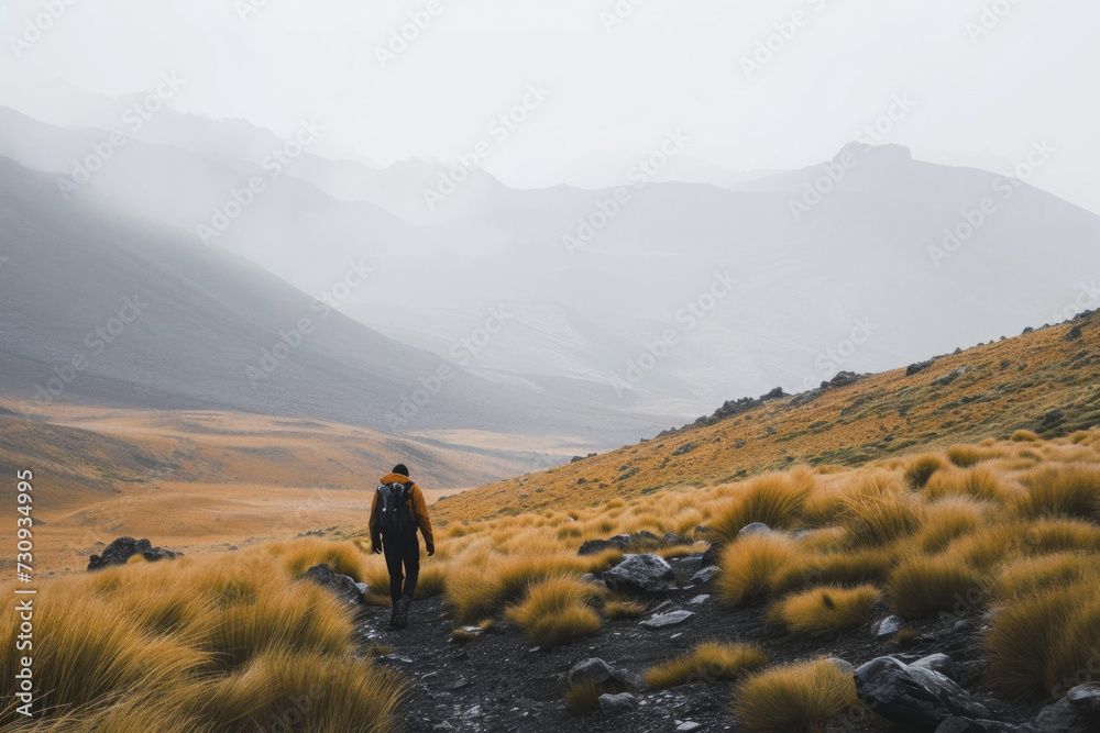 Man Walking Through Scenic Mountain Trail