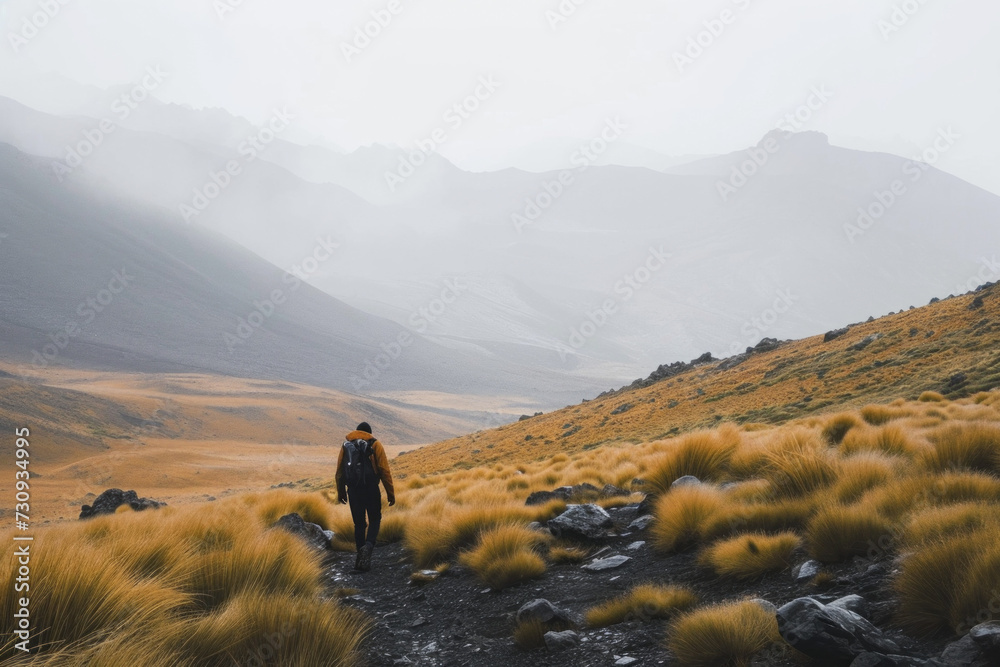 Obraz premium Man Walking Through Scenic Mountain Trail