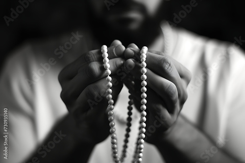 A muslim man holds up a prayer rosary photo