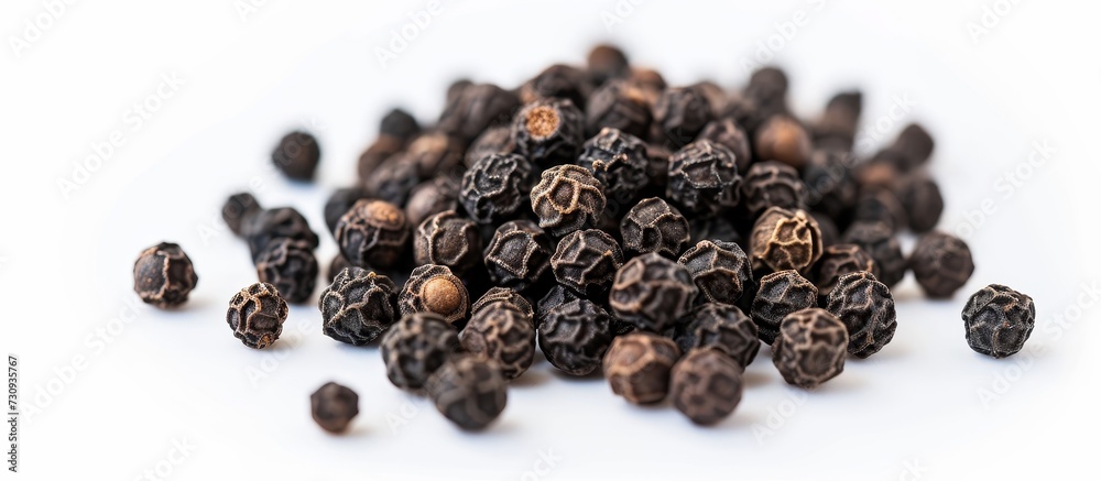A pile of black pepper on a white background, a popular spice used in cuisine, sourced from plants and known for its distinct flavor A pile of black pepper on a white background, a popular spice used in cuisine, sourced from plants and known for its distinct flavor