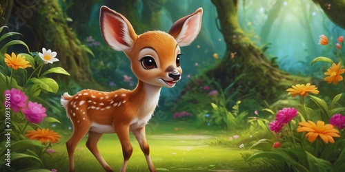Closeup of Smiling Baby Deer in Flowered Jungle, Cute baby deer in the fairyland forest full of flora and grass, Nursery Decorations, Cute beautiful baby animals for kids room decorations