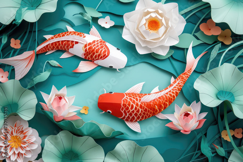koi fishes and lotuses flowers paper cut used for decoration and lunar new year poster
