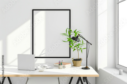 White Desk With Laptop and Plant for Productivity and Greenery © koala studio