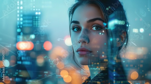 Close-up of a reflective young woman with digital graphics overlayed, symbolizing connection with a smart city at dusk.