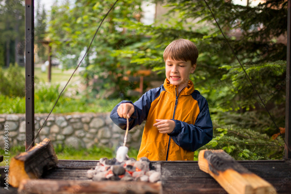 Happy kid with roasted bbq marshmallow in hand. Cooked, toasted barbecue marshmallows on a picnic at a campsite near the forest. Active recreation concept. Happy kid with roasted bbq marshmallow in hand. Cooked, toasted barbecue marshmallows on a picnic at a campsite near the forest. Active recreation concept.