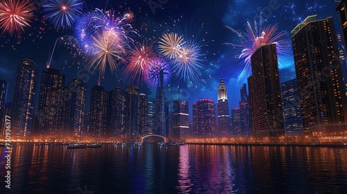 A dazzling fireworks display lights up the night sky above a city's waterfront, with reflections dancing on the water's surface amidst the urban landscape.