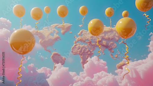 Gentle pastel hues paint a dreamlike scene of translucent balloons with twisted strings floating above a soft-colored map of the Earth amidst fluffy clouds.