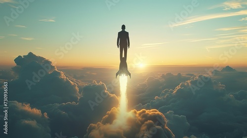 A powerful image capturing the silhouette of an individual standing on a rocket soaring high above the clouds during a breathtaking sunrise. photo