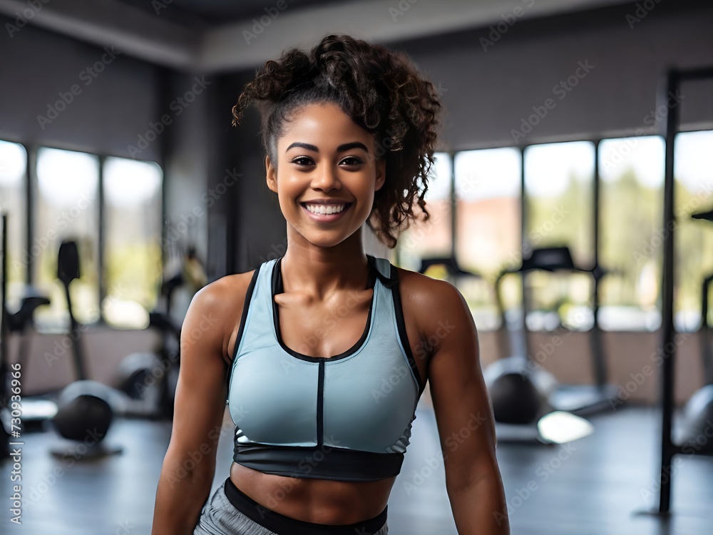 Smiling young black woman fitness model in sportswear doing exercise Smiling young black woman fitness model in sportswear doing exercise