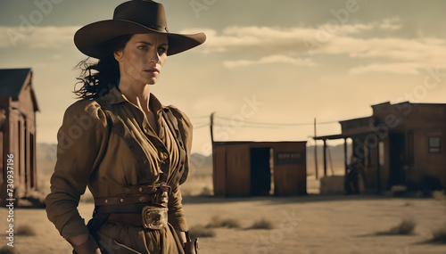 female cowboy in western town photo
