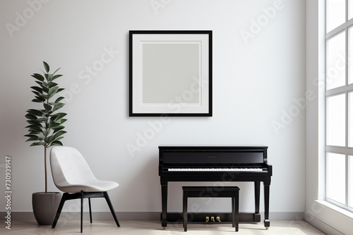 Frame mockup with copy space to place text on top of a black piano. World piano day. Isolated musical instrument concept. © Cala Serrano
