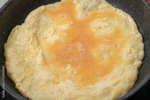 Scrambled eggs in a frying pan,scrambled eggs for breakfast in kitchen