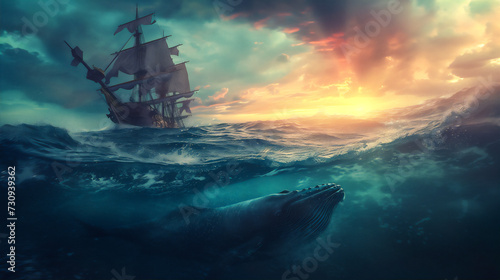 sunset over the sea with blue whale and sailing ship