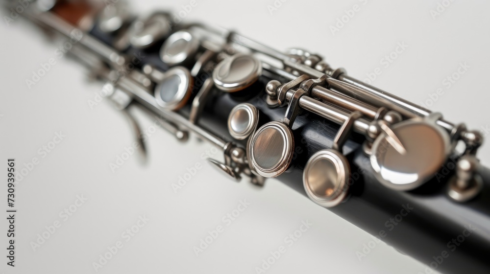 Naklejka premium Close-up of a clarinet isolated on a white background, showcasing the exquisite details of this woodwind instrument in a stunning artistic perspective.