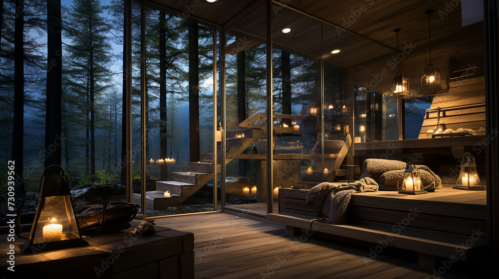Panoramic view of nice dark stylish modern bedroom at night Panoramic view of nice dark stylish modern bedroom at night