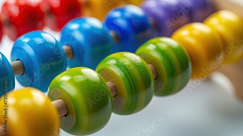 A multi-colored designer background enhances the vibrancy of a close-up wooden abacus on a white background  creating an engaging mathematics learning concept