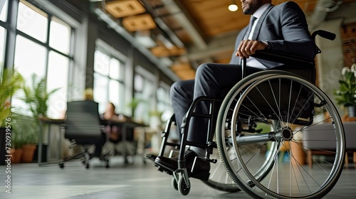 Close-up of a businessman on a wheelchair in an office, representing workplace diversity, accessibility, and inclusive leadership