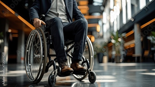 Close-up of a businessman on a wheelchair in an office, representing workplace diversity, accessibility, and inclusive leadership