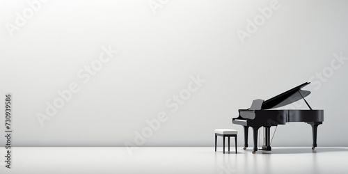 Black piano with large copy space for text on a white wall background. World piano day. Isolated musical instrument concept. photo