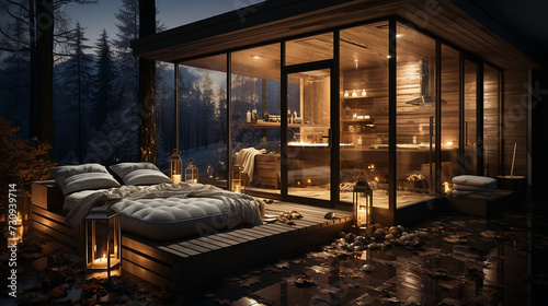 Panoramic view of nice dark stylish modern bedroom at night