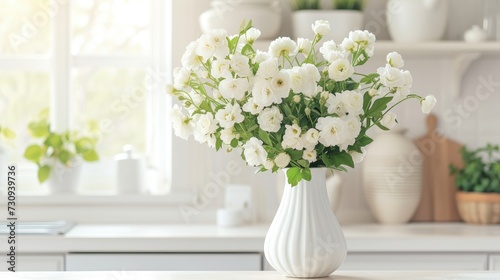 A white vase filled with white flowers graces the counter  offering a modern and stylish touch to home decor