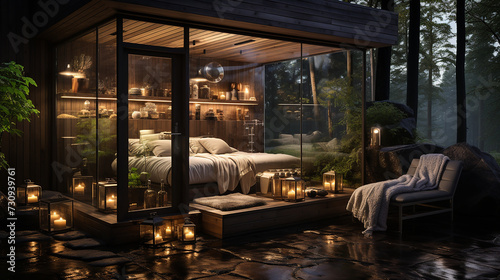 Panoramic view of nice dark stylish modern bedroom at night © iCexpert
