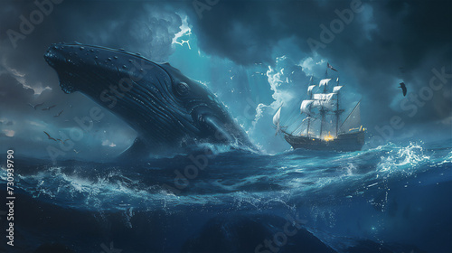 midnight over the sea with blue whale and sailing ship