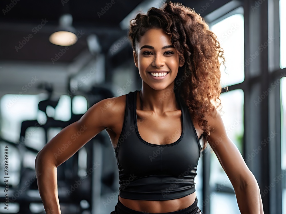 Smiling young black woman fitness model in sportswear doing exercise Smiling young black woman fitness model in sportswear doing exercise