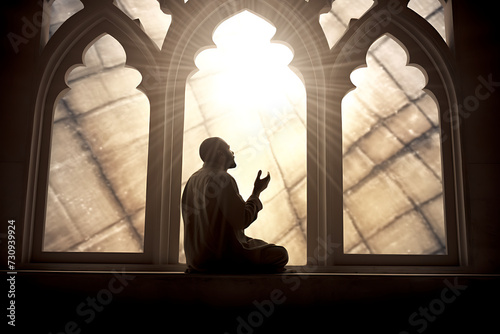 Muslim man in prayer sitting on top of an arched window