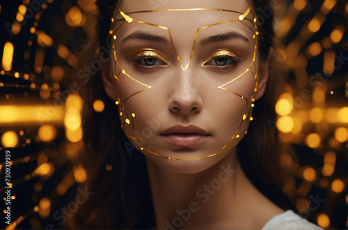 Woman face with golden tracking lines on golden lights background. Concept of future Face Detection Technological 3d Scanning, Biometric Facial Recognition. Face Id. AI generated