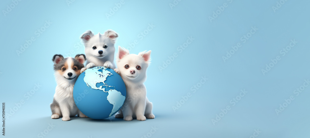 Fototapeta premium Three dogs with Earth For Pet day ,Dog day , Animals and Pets.