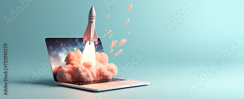 Rocket launch and  taking off from laptop screen. Business Start up, Launching new product and service. a start up launch new business project.