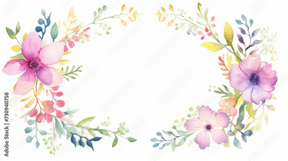 Whimsical Dreams: A Watercolor Wreath Blooming With Floral Bliss. Generative AI.