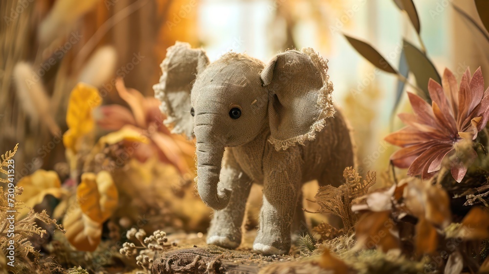 closeup photography Elephant doll, highlighting its adorable trunk and gentle demeanor, arranged in a whimsical savannah-inspired scene