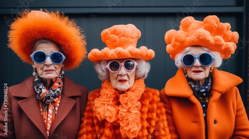 Vibrant Spirits: A Trio of Timeless Ladies in Flamboyant Orange Wigs and Sunglasses. 