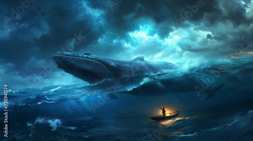 midnight over the sea with blue whale and fisherman