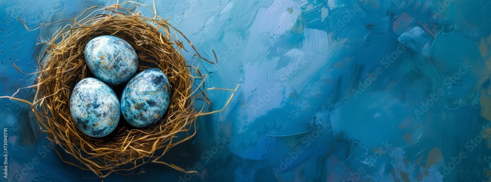 Banner of easter eggs in nest on blue background - obrazy, fototapety, plakaty 