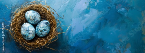 Banner of easter eggs in nest on blue background photo