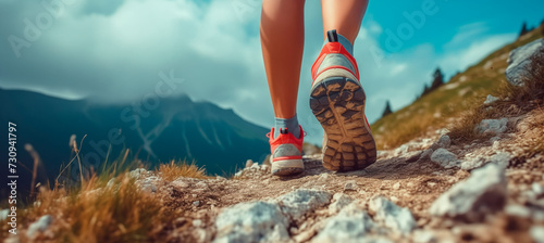 low angle view of legs with sports shoes running on a mountain on summer day , trekking or trail run concept image photo