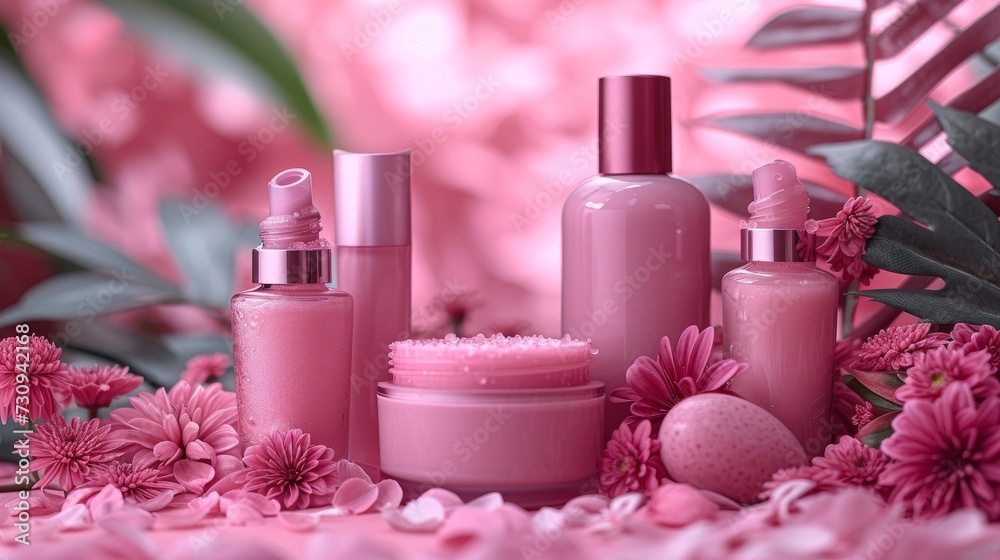 Blushing Beauty: A Radiant Ensemble of Pink Cosmetics Illuminating the Table. Generative AI. Blushing Beauty: A Radiant Ensemble of Pink Cosmetics Illuminating the Table. Generative AI.