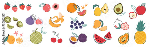 Set of colorful fruit element vector. Different fresh fruit design of apple, strawberry, banana, orange, mango with hand drawn pattern.  Illustration for branding, sticker, fabric, clipart, ads. photo