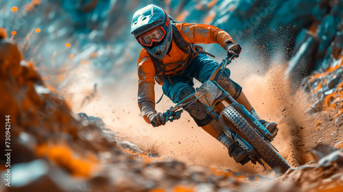 a mountain biker in mid-air against a rugged mountain backdrop. The biker is wearing a vibrant protective gear set, with a helmet, and the bike is well-equipped for rough terrain